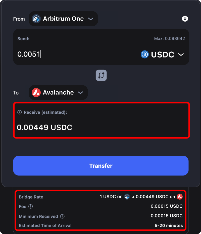 Cost and time estimates when bridging assets from Arbitrum to Avalanche.