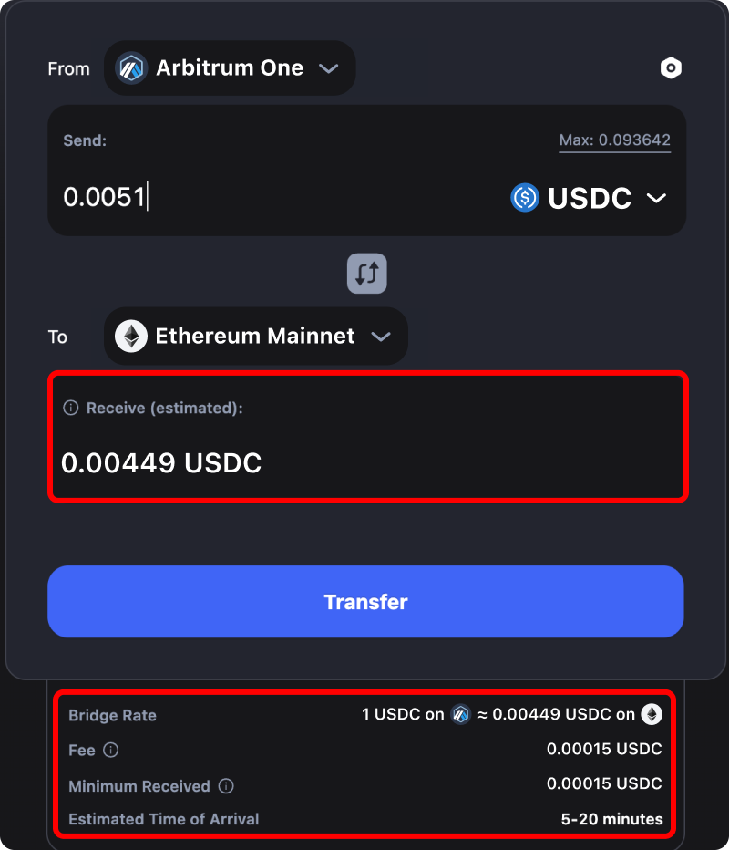 Cost and time estimates when bridging assets from Arbitrum to Ethereum.