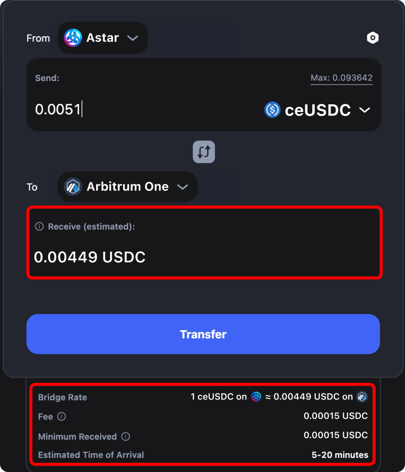 Cost and time estimates when bridging assets from Astar to Arbitrum.