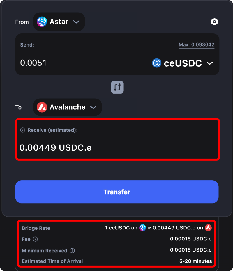 Cost and time estimates when bridging assets from Astar to Avalanche.