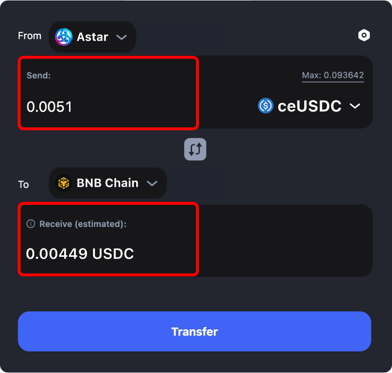 Bridging assets and coins from Astar to Binance.