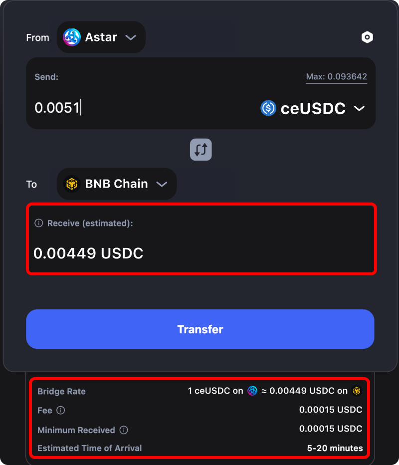 Cost and time estimates when bridging assets from Astar to Binance.