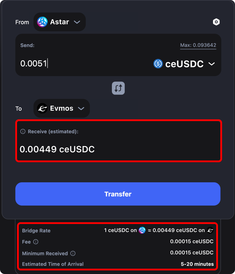 Cost and time estimates when bridging assets from Astar to Evmos.