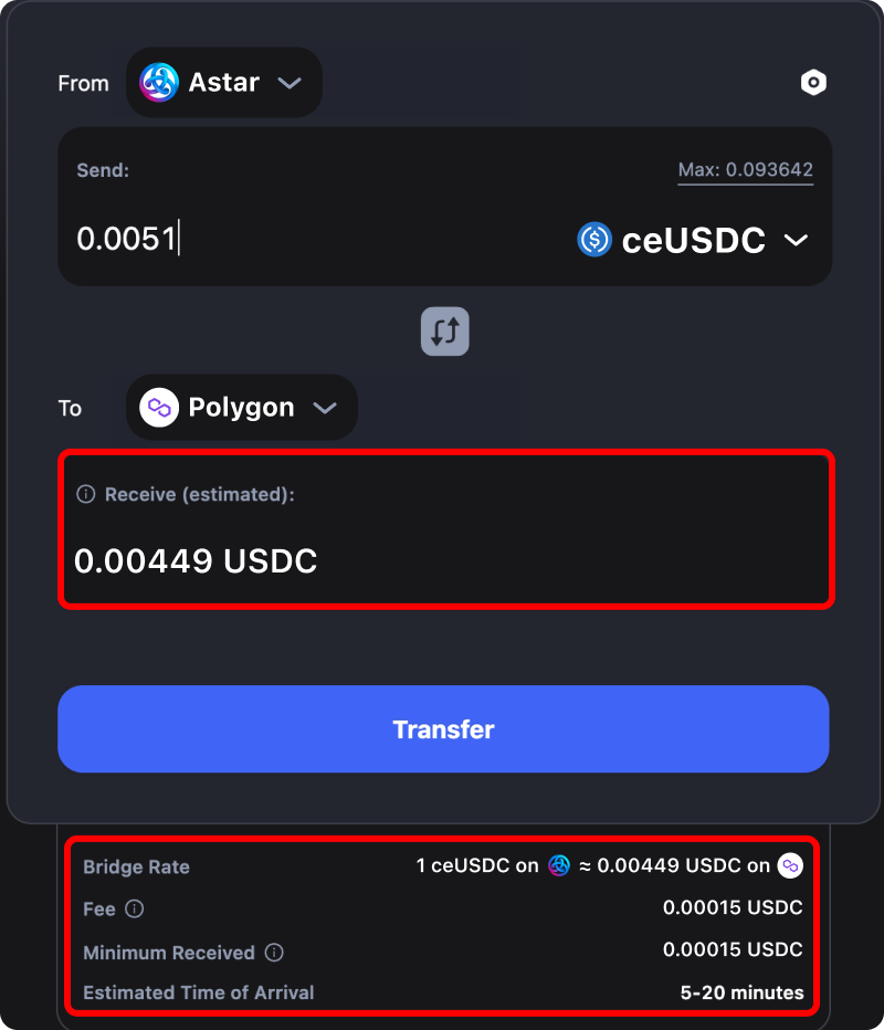 Cost and time estimates when bridging assets from Astar to Polygon.