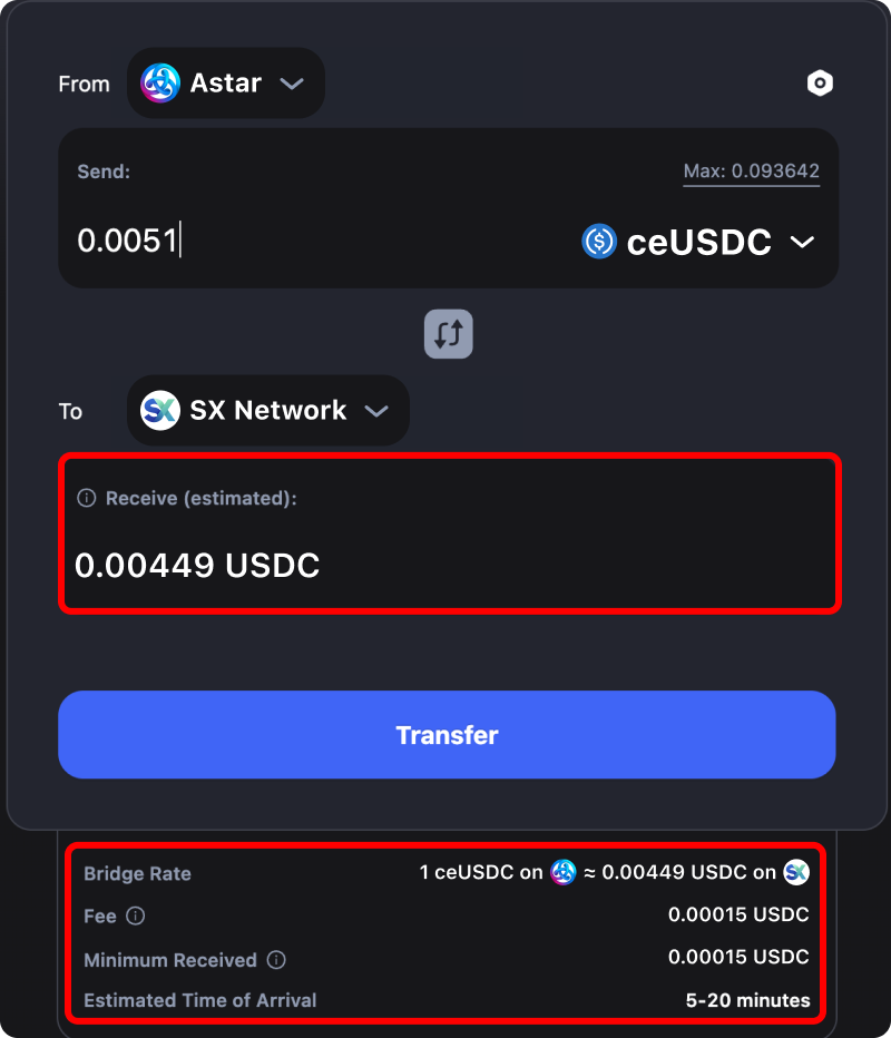 Cost and time estimates when bridging assets from Astar to SX Network.