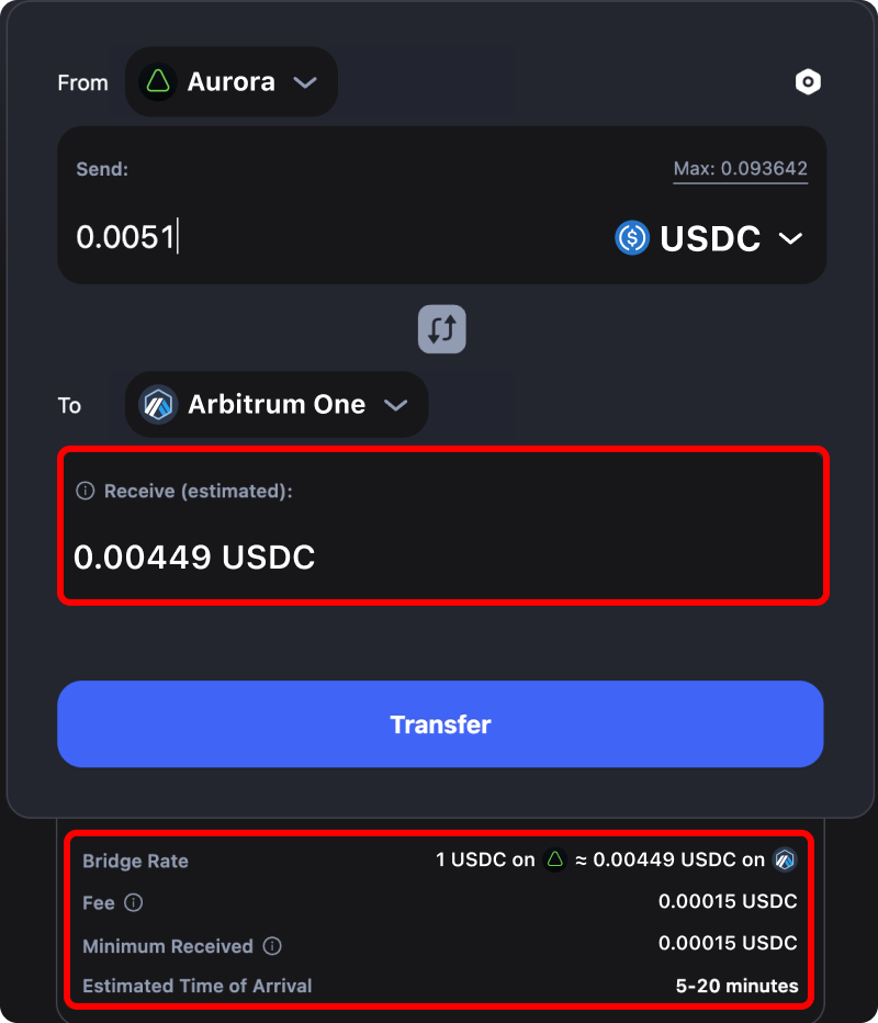 Cost and time estimates when bridging assets from Aurora to Arbitrum.