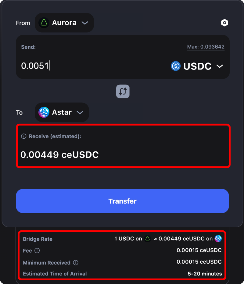 Cost and time estimates when bridging assets from Aurora to Astar.