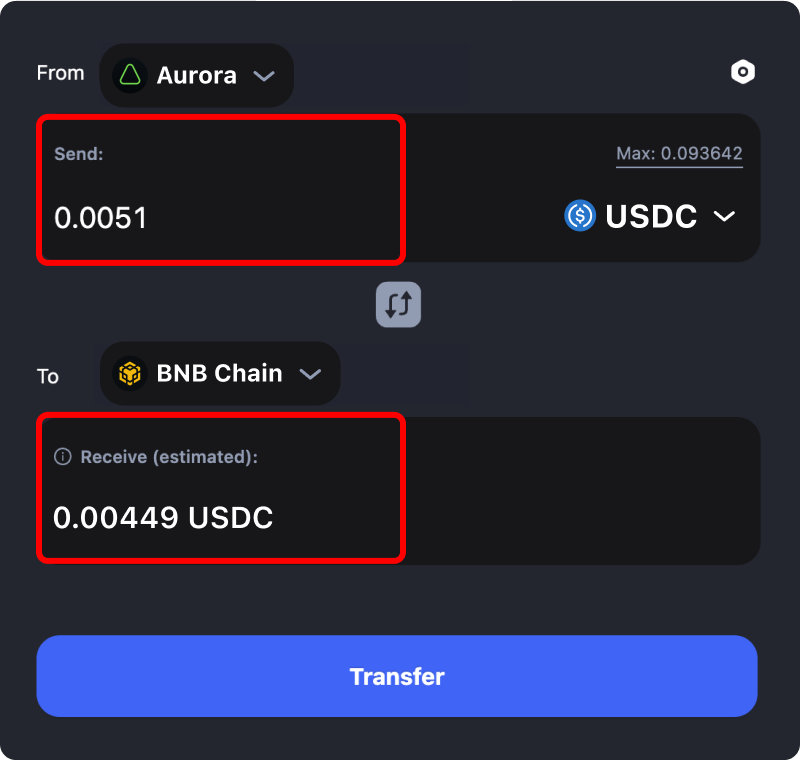 Bridging assets and coins from Aurora to Binance.