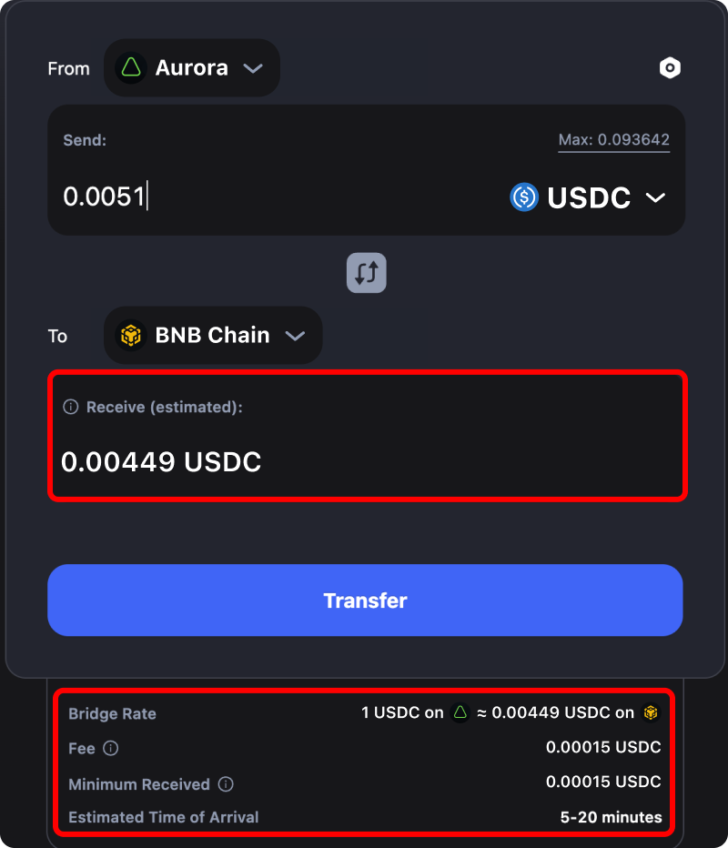 Cost and time estimates when bridging assets from Aurora to Binance.