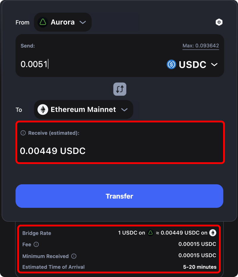 Cost and time estimates when bridging assets from Aurora to Ethereum.