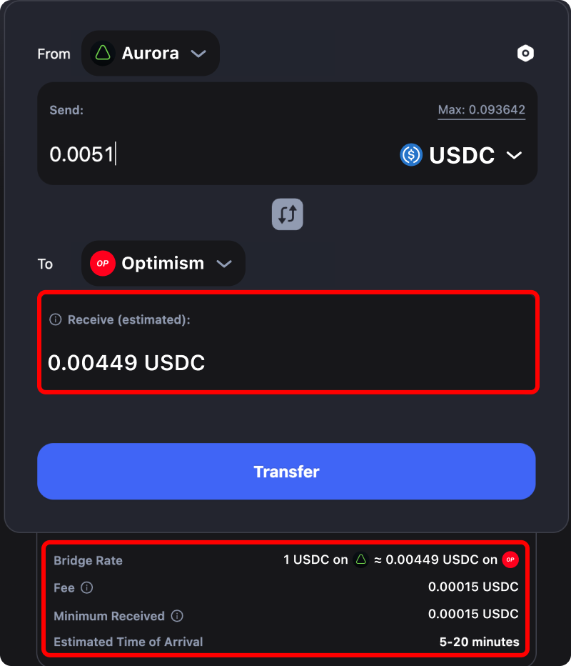 Cost and time estimates when bridging assets from Aurora to Optimism.