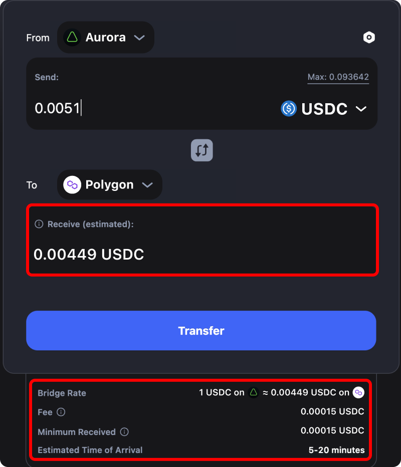 Cost and time estimates when bridging assets from Aurora to Polygon.