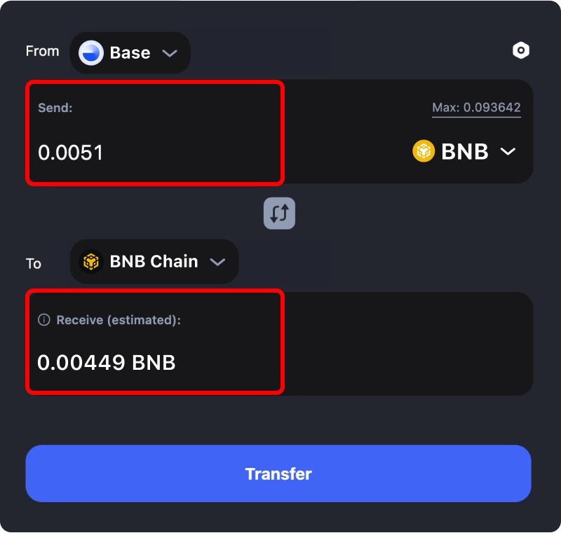 Bridging assets and coins from Base to Binance.