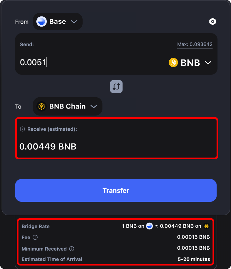 Cost and time estimates when bridging assets from Base to Binance.