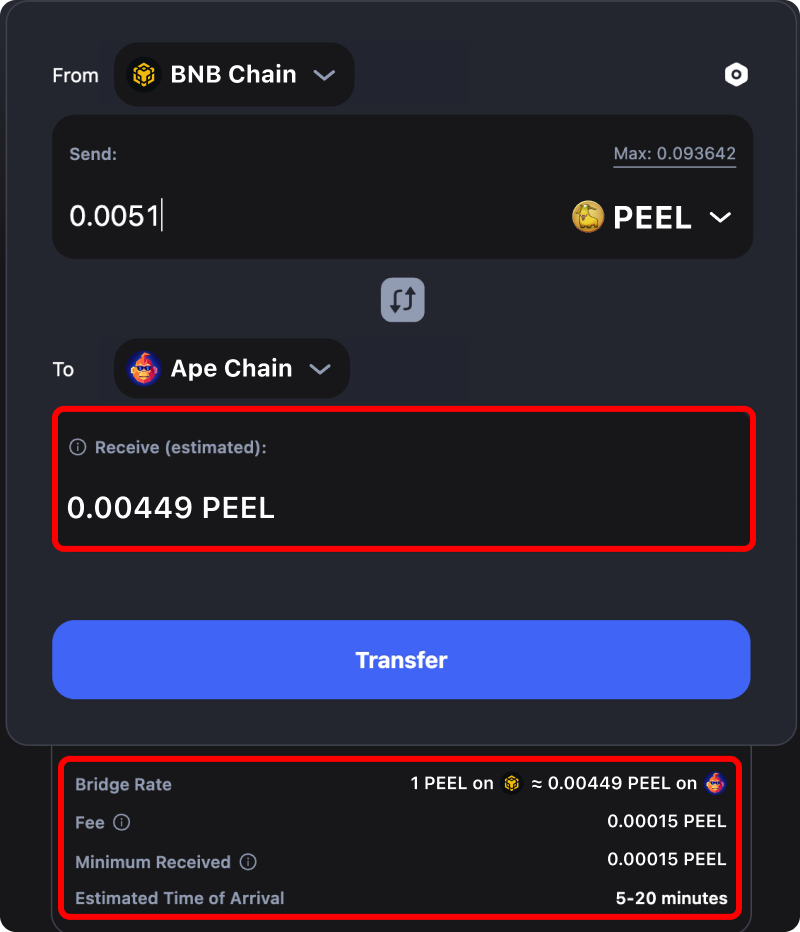 Cost and time estimates when bridging assets from Binance to Ape Chain.