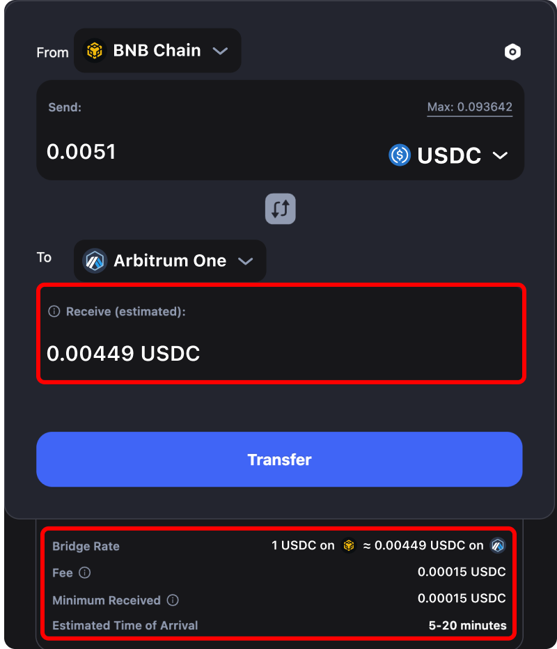 Cost and time estimates when bridging assets from Binance to Arbitrum.