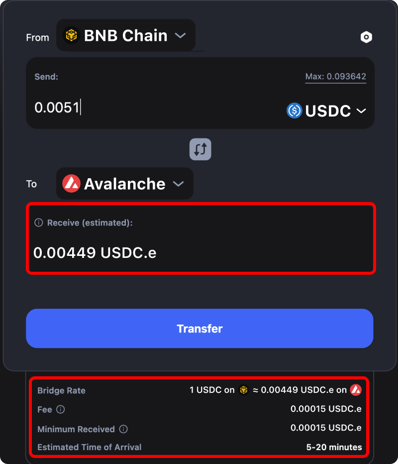 Cost and time estimates when bridging assets from Binance to Avalanche.