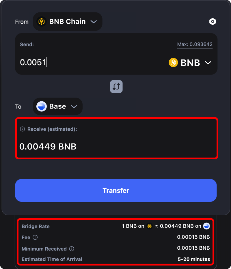 Cost and time estimates when bridging assets from Binance to Base.