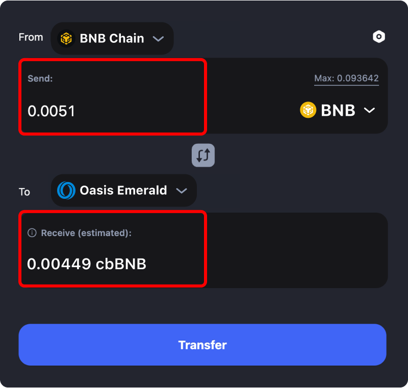 Bridging assets and coins from Binance to Oasis Emerald.