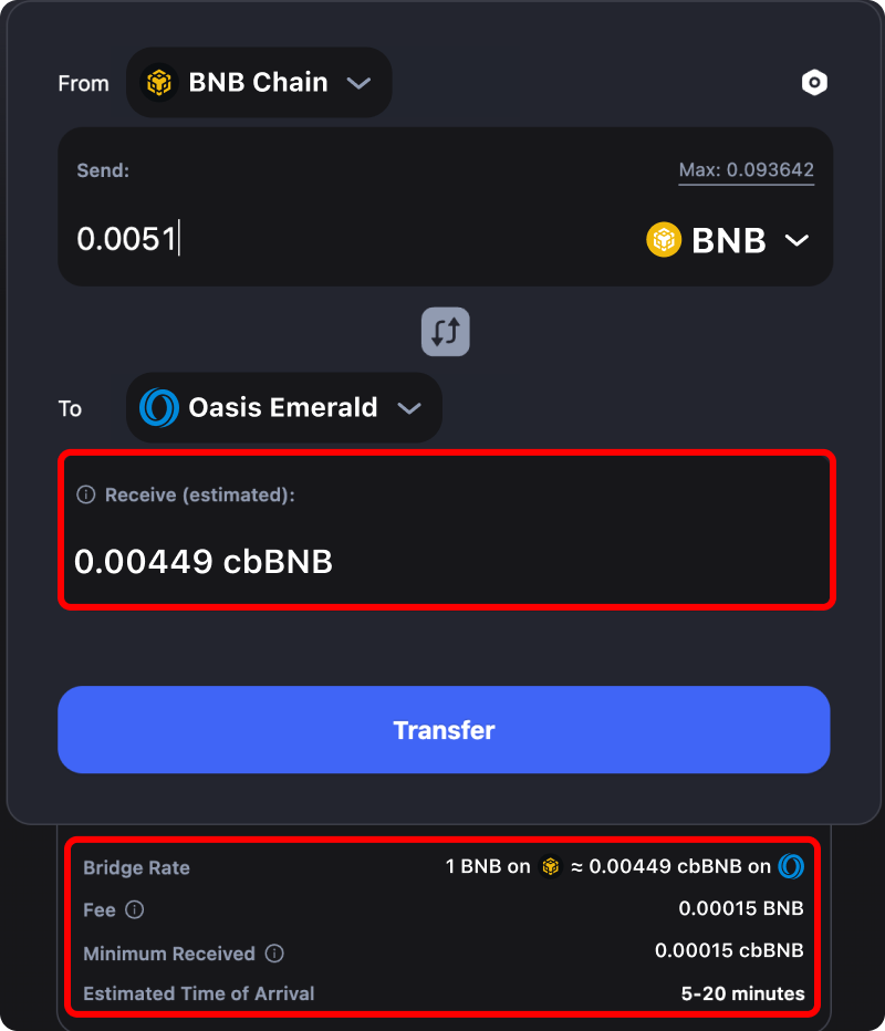 Cost and time estimates when bridging assets from Binance to Oasis Emerald.