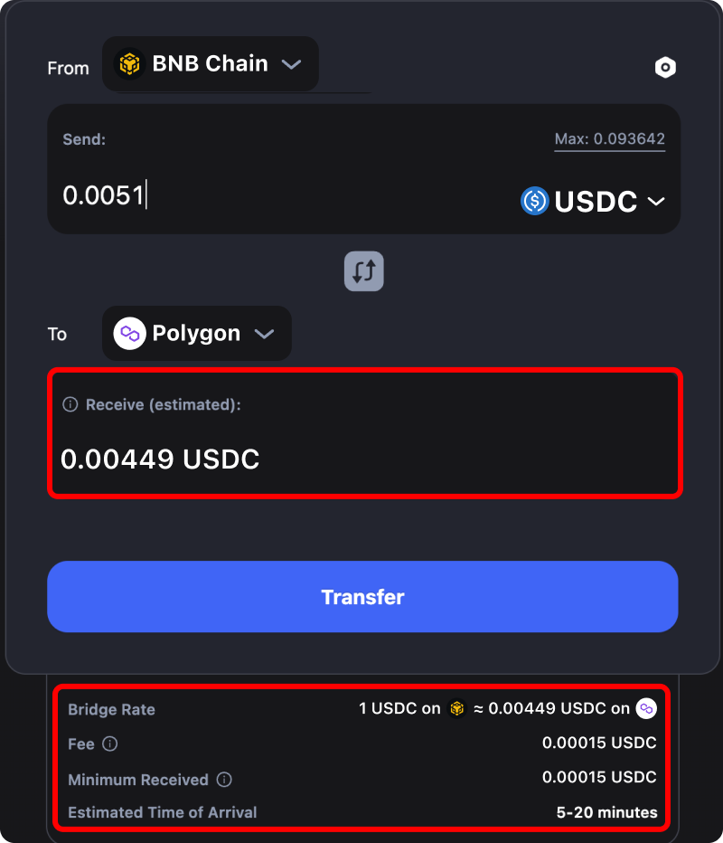 Cost and time estimates when bridging assets from Binance to Polygon.