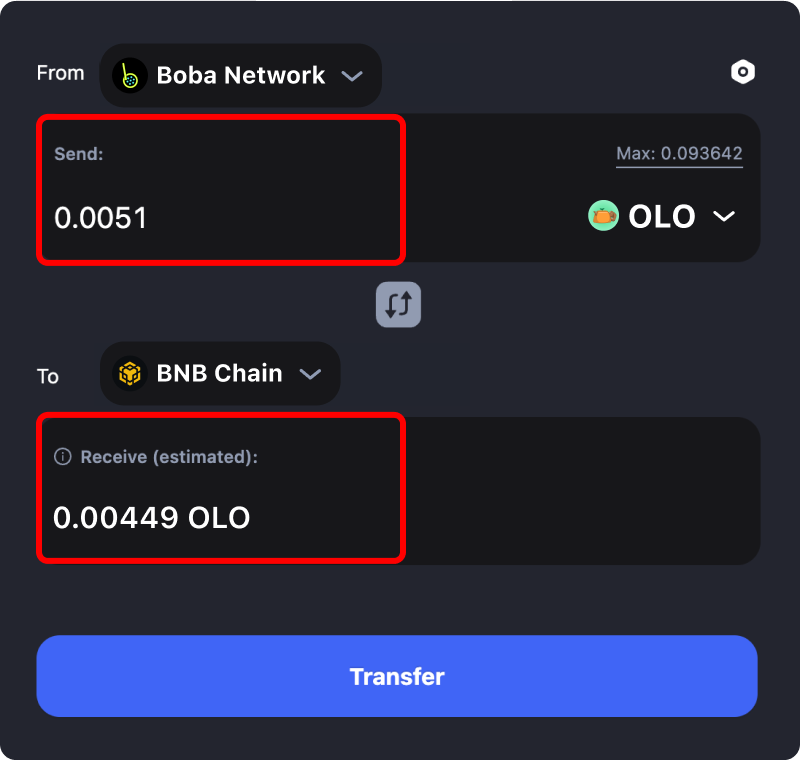 Bridging assets and coins from Boba to Binance.