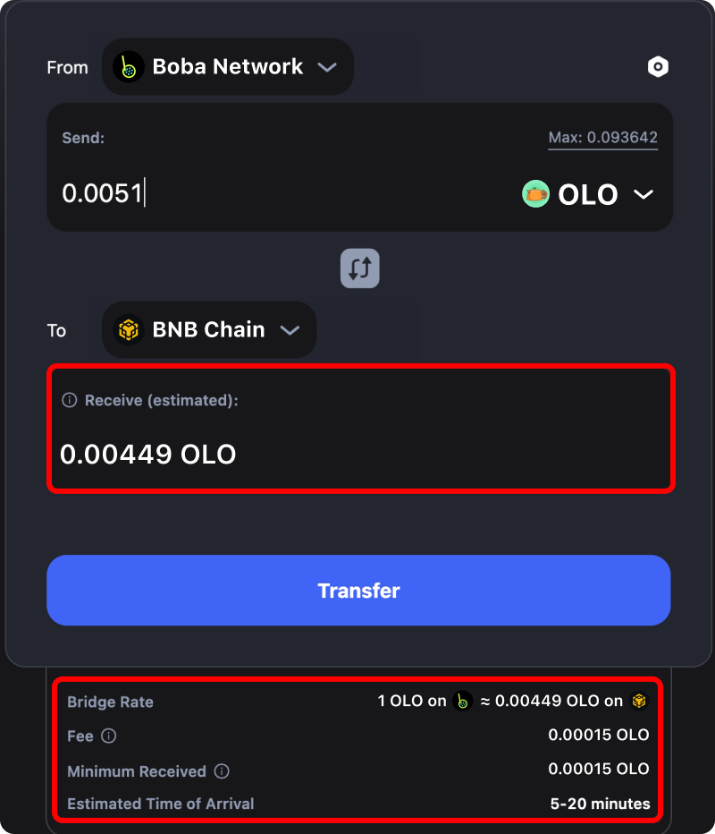 Cost and time estimates when bridging assets from Boba to Binance.