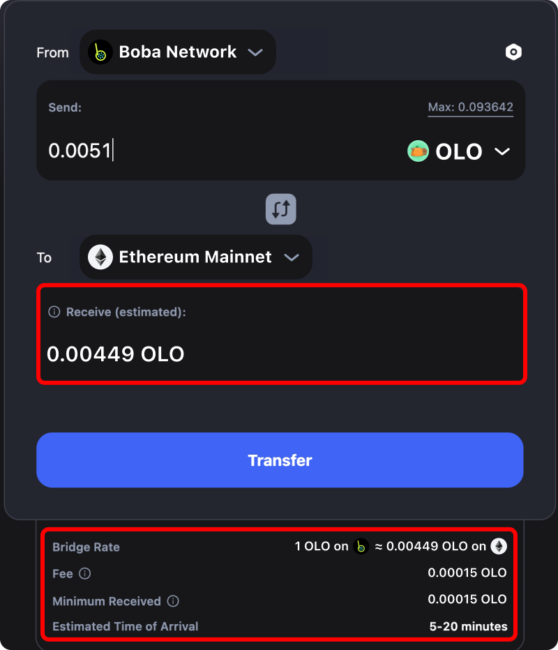 Cost and time estimates when bridging assets from Boba to Ethereum.