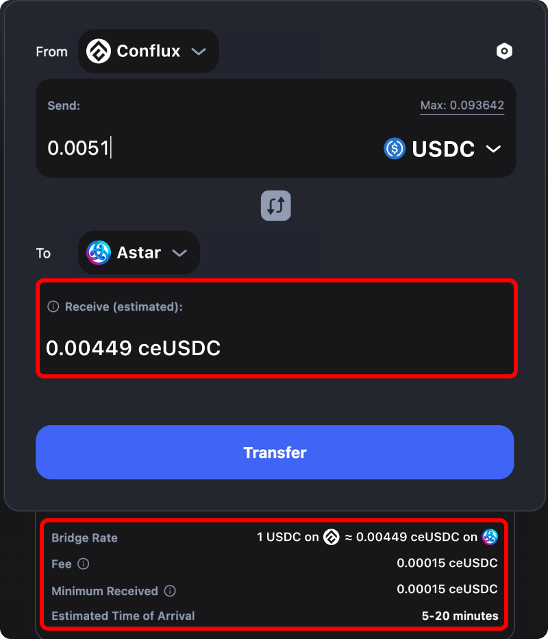 Cost and time estimates when bridging assets from Conflux to Astar.