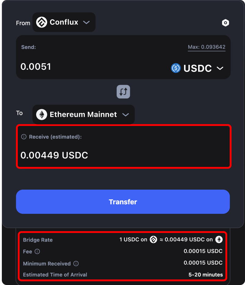 Cost and time estimates when bridging assets from Conflux to Ethereum.