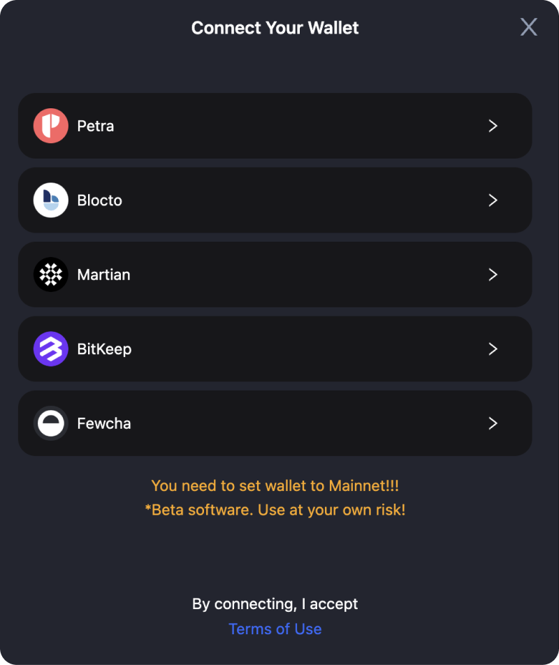 Select your supported  Aptos wallet and connect it to cBridge to continue your cross chain transfer between Ethereum and Aptos.