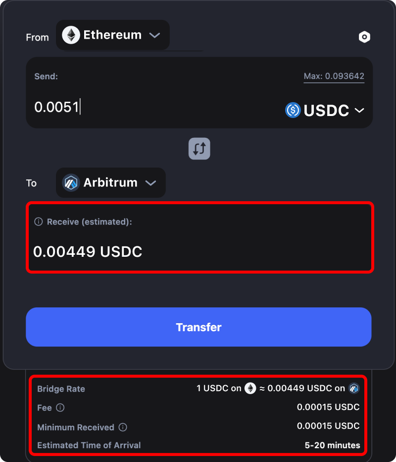 Cost and time estimates when bridging assets from Ethereum to Arbitrum.