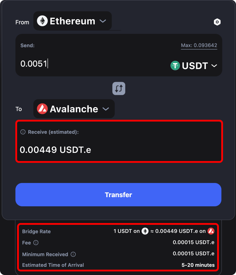Cost and time estimates when bridging USDT from Ethereum to Avalanche.