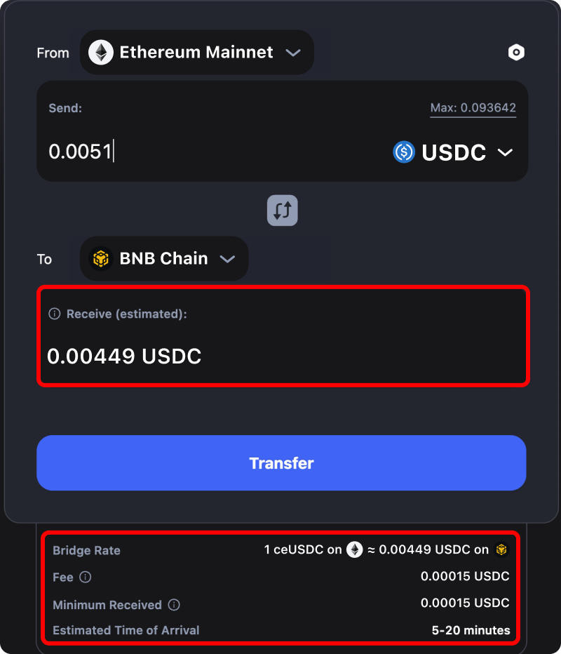 Cost and time estimates when bridging assets from Ethereum to Binance.