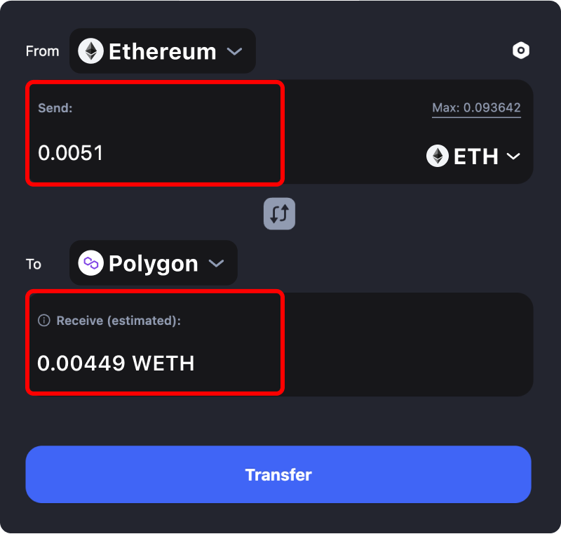 Bridging ETH from Ethereum to Polygon.