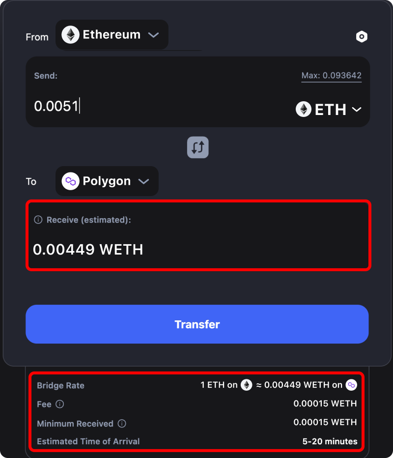 Cost and time estimates when bridging ETH from Ethereum to Polygon.