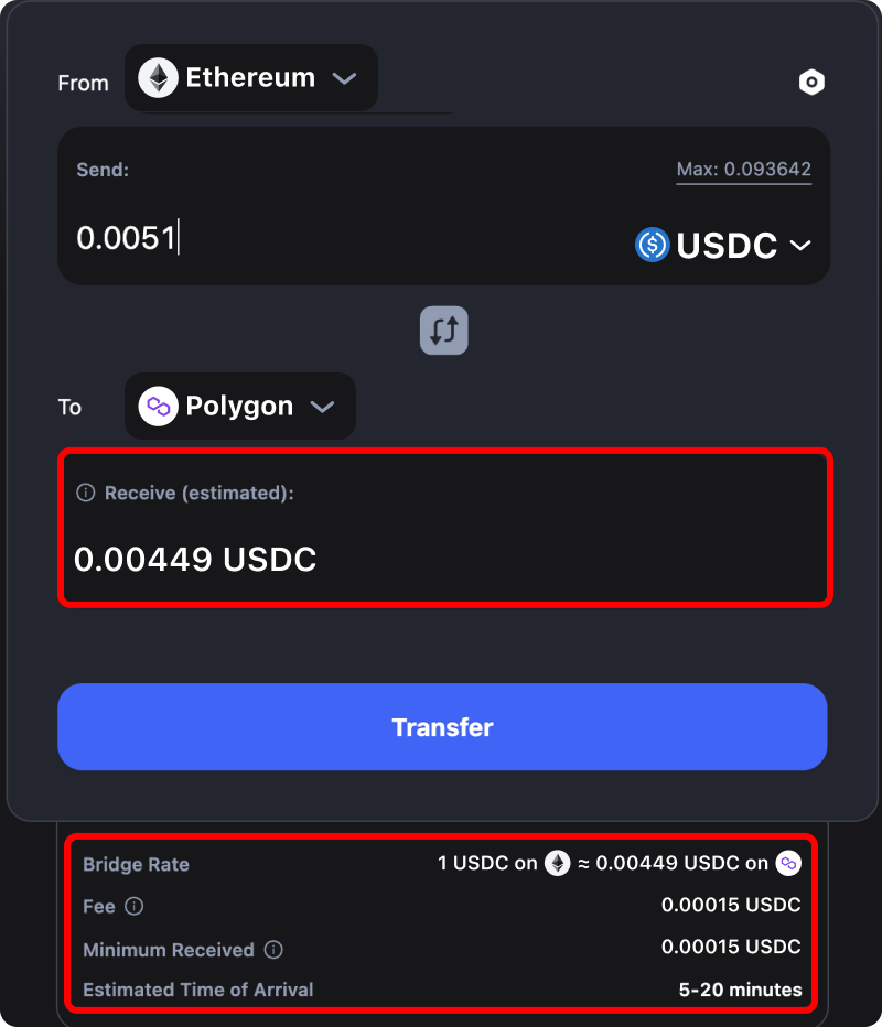 Cost and time estimates when bridging assets from Ethereum to Polygon.