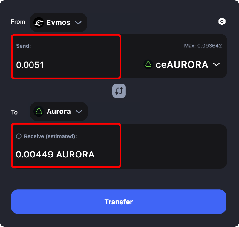 Bridging assets and coins from Evmos to Aurora.