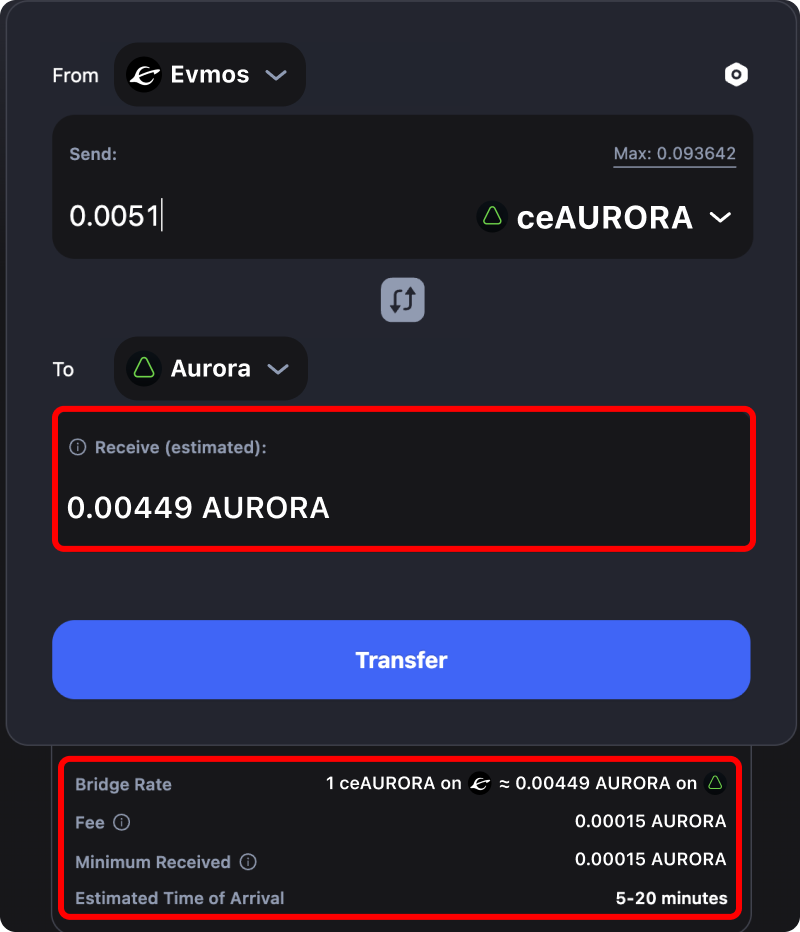 Cost and time estimates when bridging assets from Evmos to Aurora.