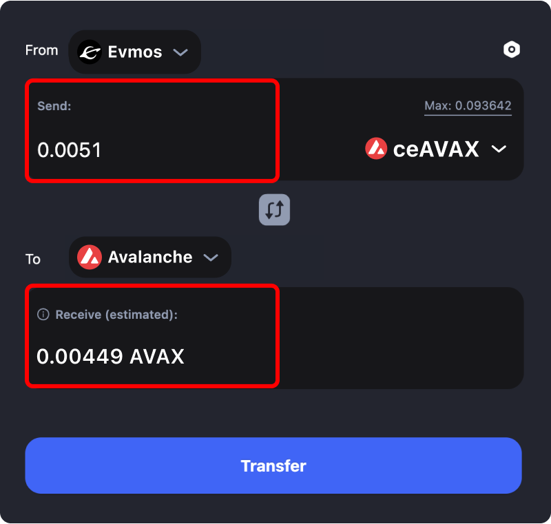 Bridging assets and coins from Evmos to Avalanche.