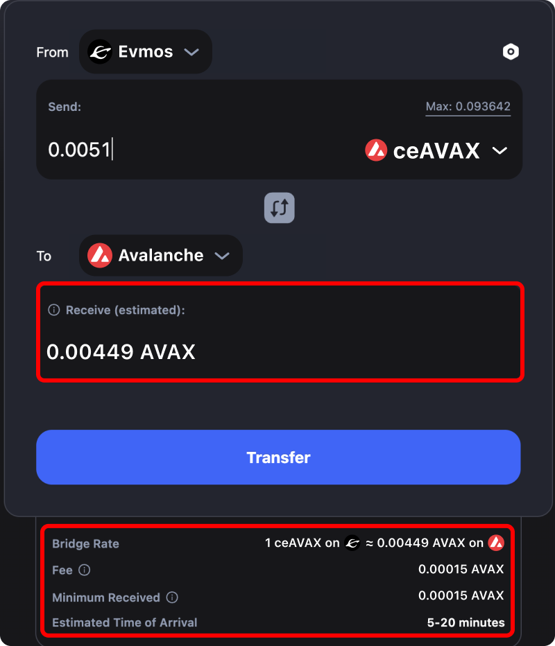 Cost and time estimates when bridging assets from Evmos to Avalanche.