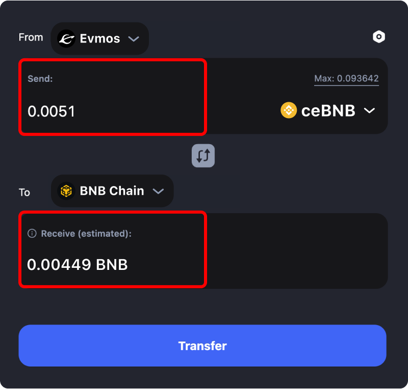 Bridging assets and coins from Evmos to Binance.