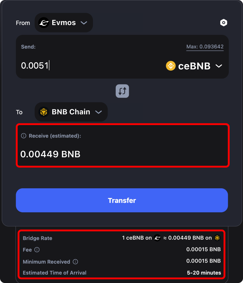 Cost and time estimates when bridging assets from Evmos to Binance.