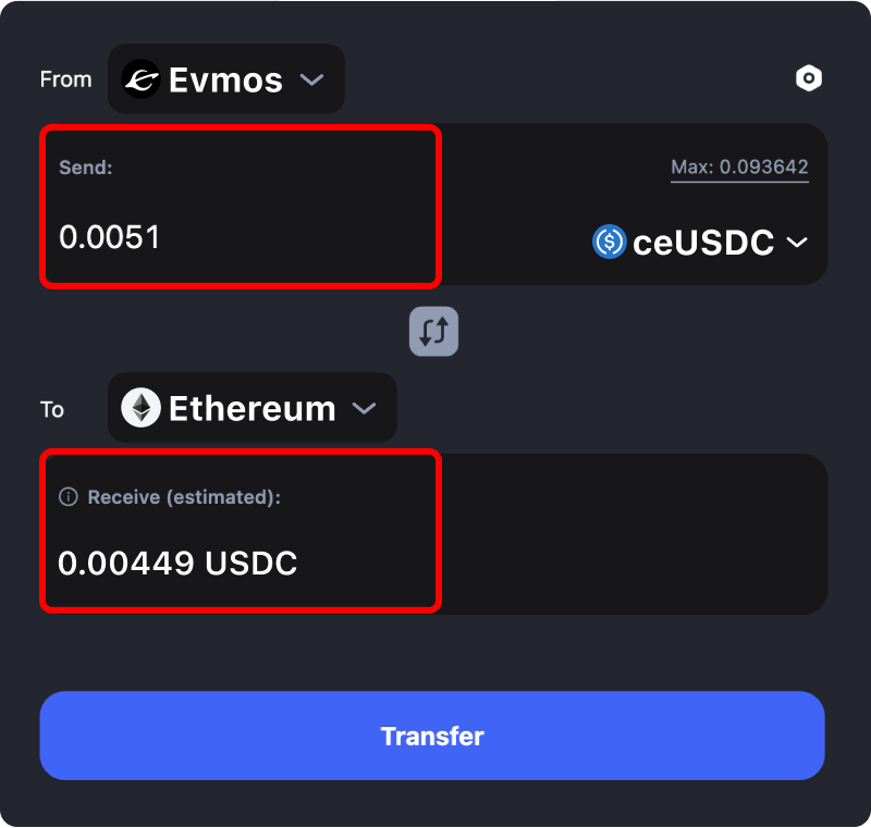 Bridging assets and coins from Evmos to Ethereum.