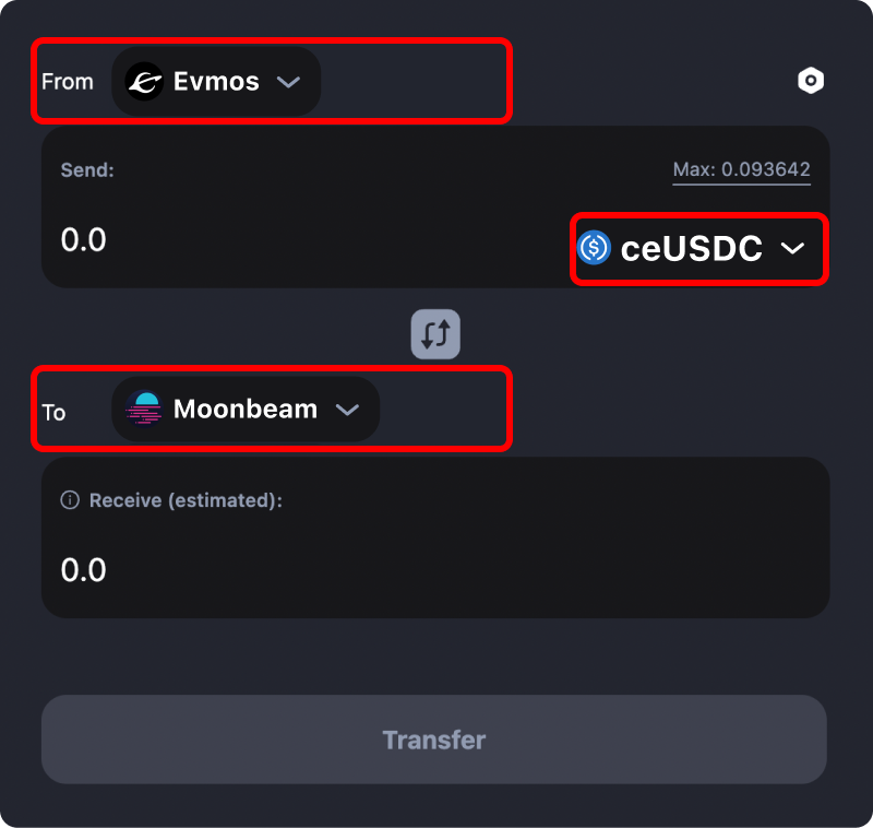 How to transfer tokens and coins from Evmos to Moonbeam.