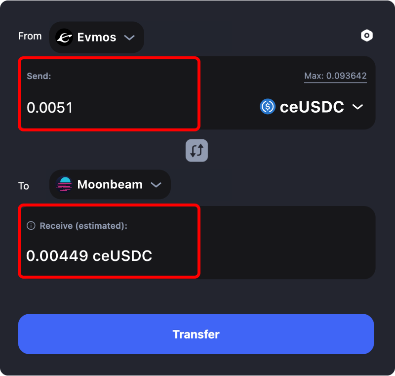 Bridging assets and coins from Evmos to Moonbeam.