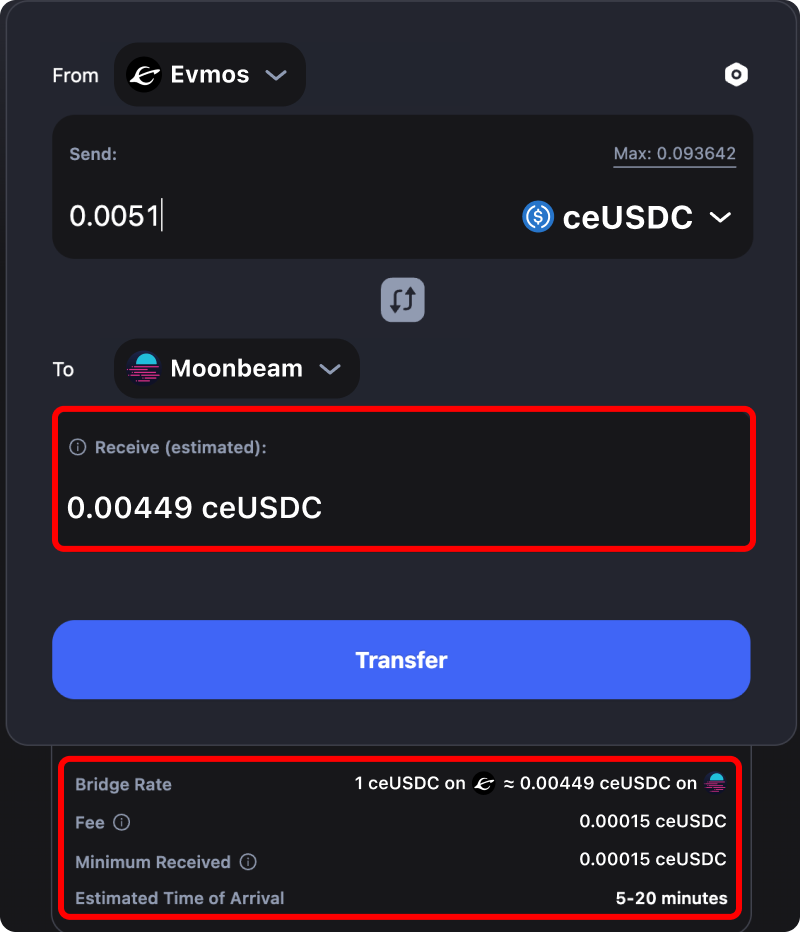 Cost and time estimates when bridging assets from Evmos to Moonbeam.