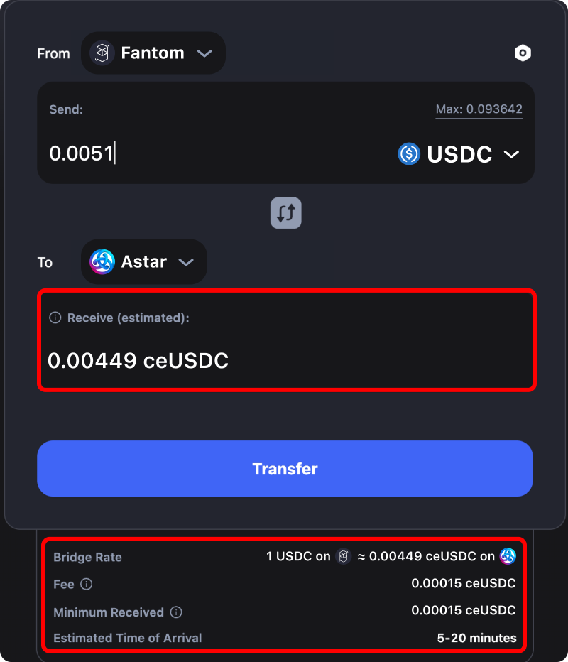 Cost and time estimates when bridging assets from Fantom to Astar.