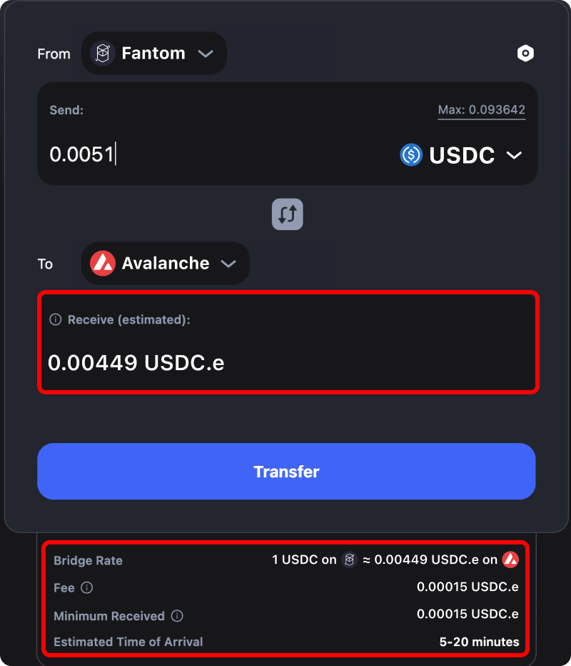 Cost and time estimates when bridging assets from Fantom to Avalanche.