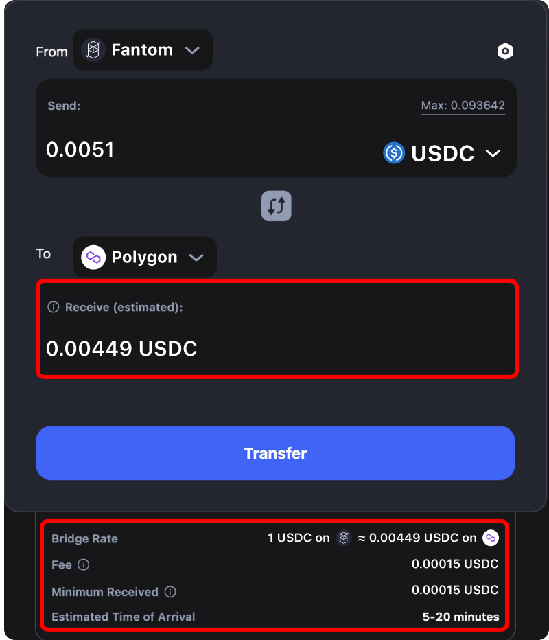 Cost and time estimates when bridging assets from Fantom to Polygon.